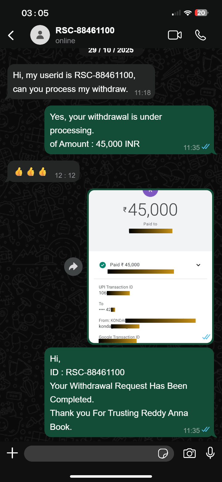 Reddy Anna Book WhatsApp Successful Withdraw Proof