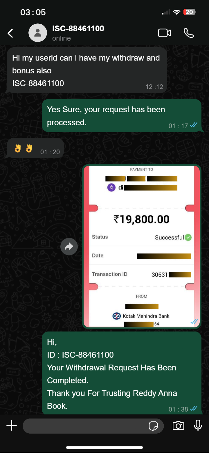 Reddy Anna Book WhatsApp Withdraw Proof